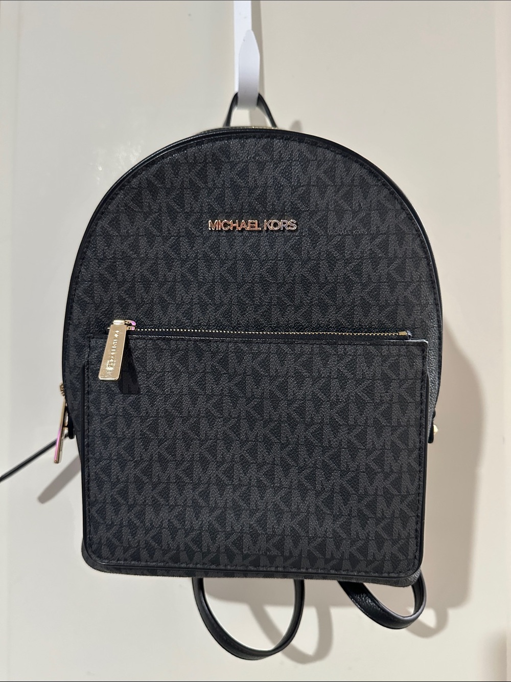 Michael Kors Black Logo Monogram Backpack with Gold Hardware